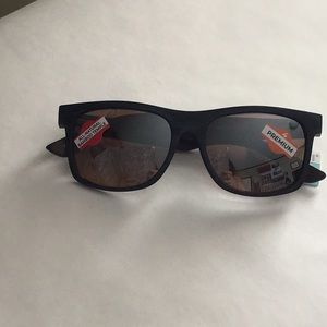 Mens distressed black frames with dark stain temple sunglasses